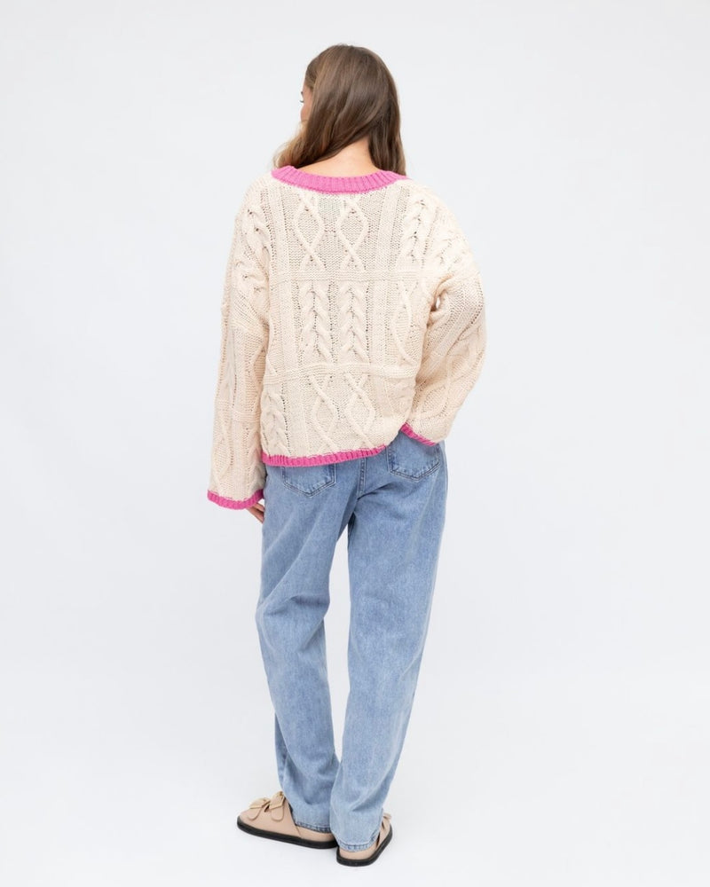 
                  
                    Tahoe Chunky Knit Cardi  | Cream/Pink
                  
                