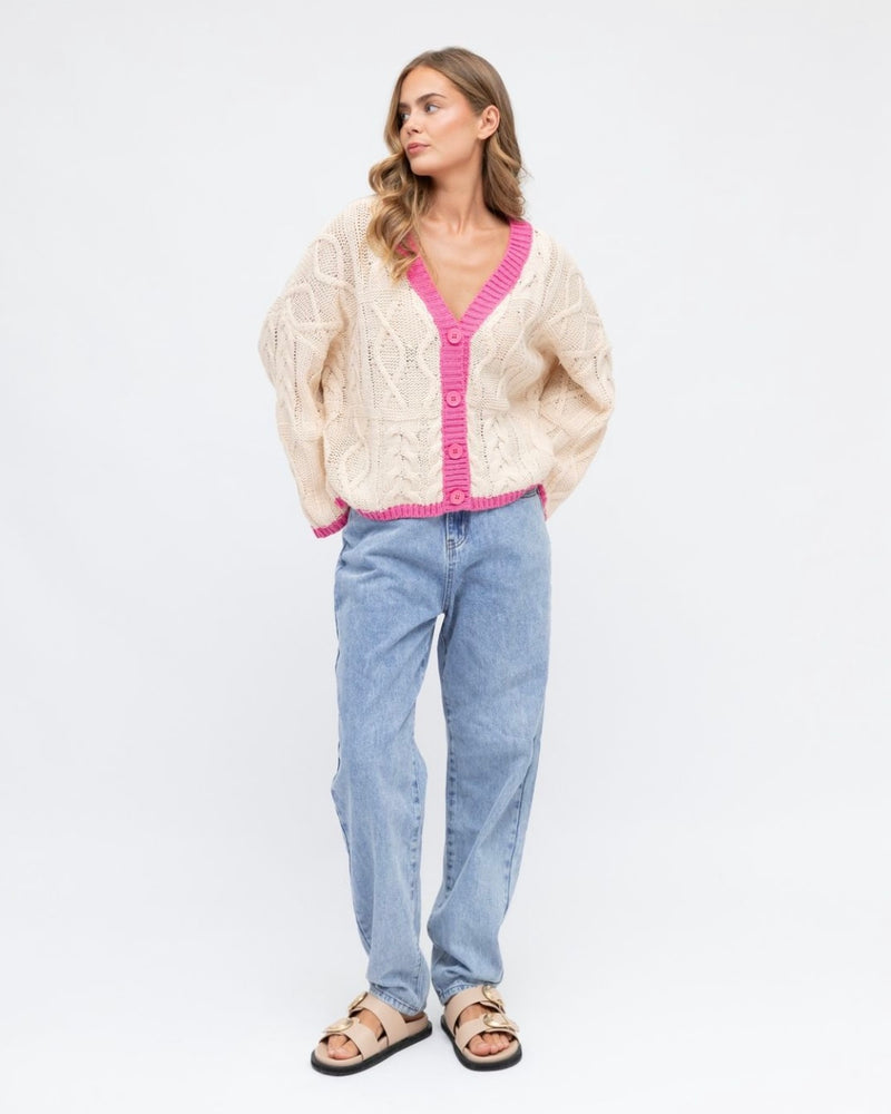 
                  
                    Tahoe Chunky Knit Cardi  | Cream/Pink
                  
                