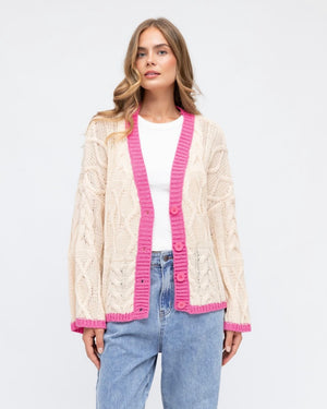 
                  
                    Tahoe Chunky Knit Cardi  | Cream/Pink
                  
                