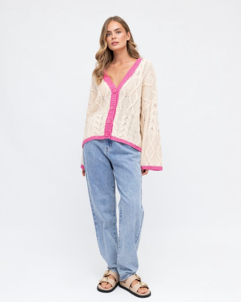 
                  
                    Tahoe Chunky Knit Cardi  | Cream/Pink
                  
                