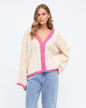 
                  
                    Tahoe Chunky Knit Cardi  | Cream/Pink
                  
                