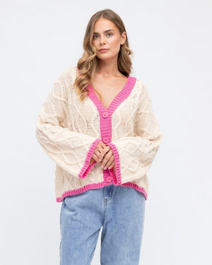 
                  
                    Tahoe Chunky Knit Cardi  | Cream/Pink
                  
                